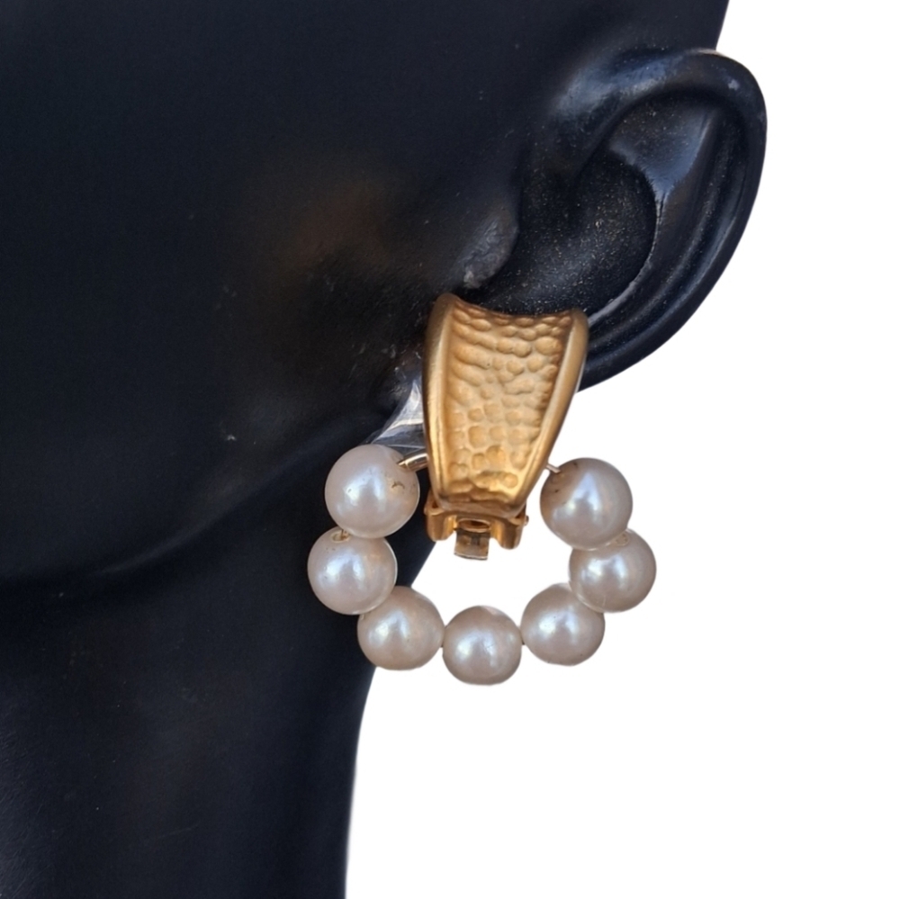 Rare Givenchy Paris Vintage Pearl Halo Earrings - Hammered Gold Tone